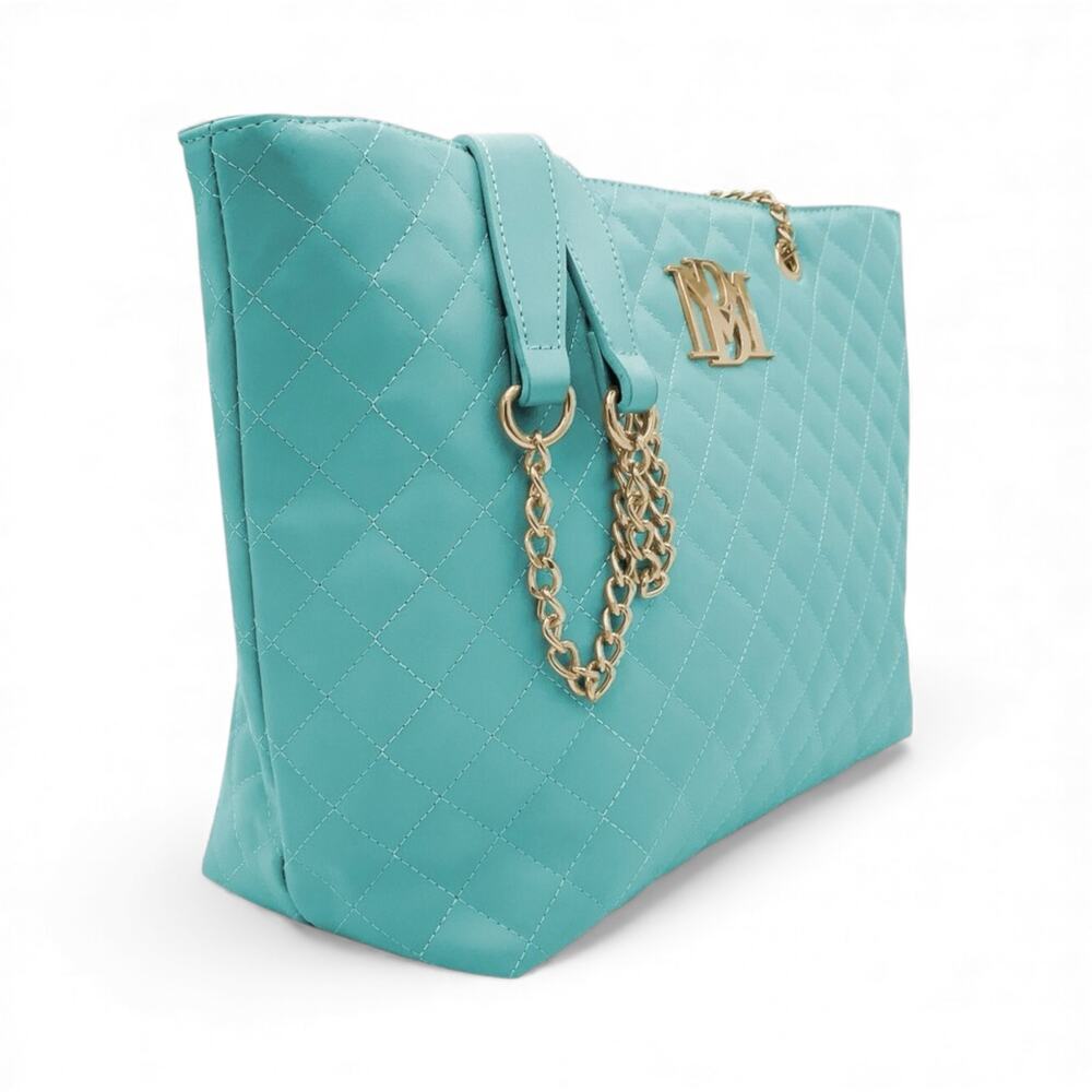 Badgley Mischka Tote Bag Aqua Quilted Chain New With Tags - Picture 3 of 8